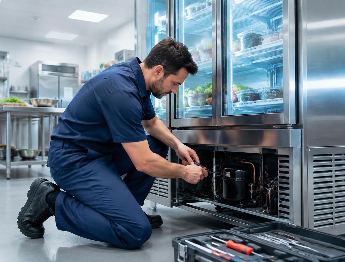 Técnico realizando manutenção em equipamento de refrigeração comercial